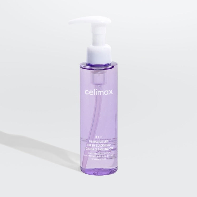 CELIMAX Derma Nature Fresh Blackhead Jojoba Cleansing Oil 150ml, flacon violet avec pompe sur fond blanc, huile nettoyante