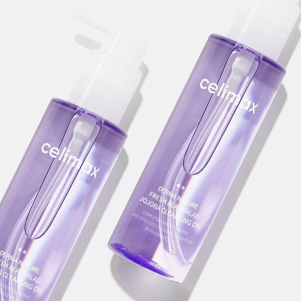 CELIMAX Derma Nature Fresh Blackhead Jojoba Cleansing Oil 150ml, flacon violet sur fond clair, produit de marque Celimax.