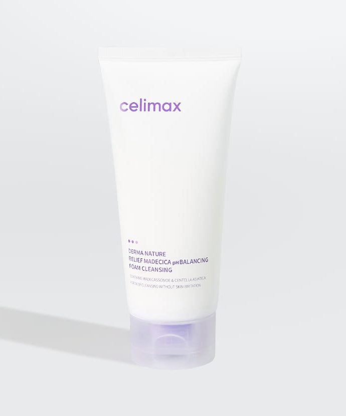 CELIMAX Derma Nature Relief Madecica pH Balancing Foam Cleansing 150ml, tube blanc sur fond clair, vue produit marque Celimax
