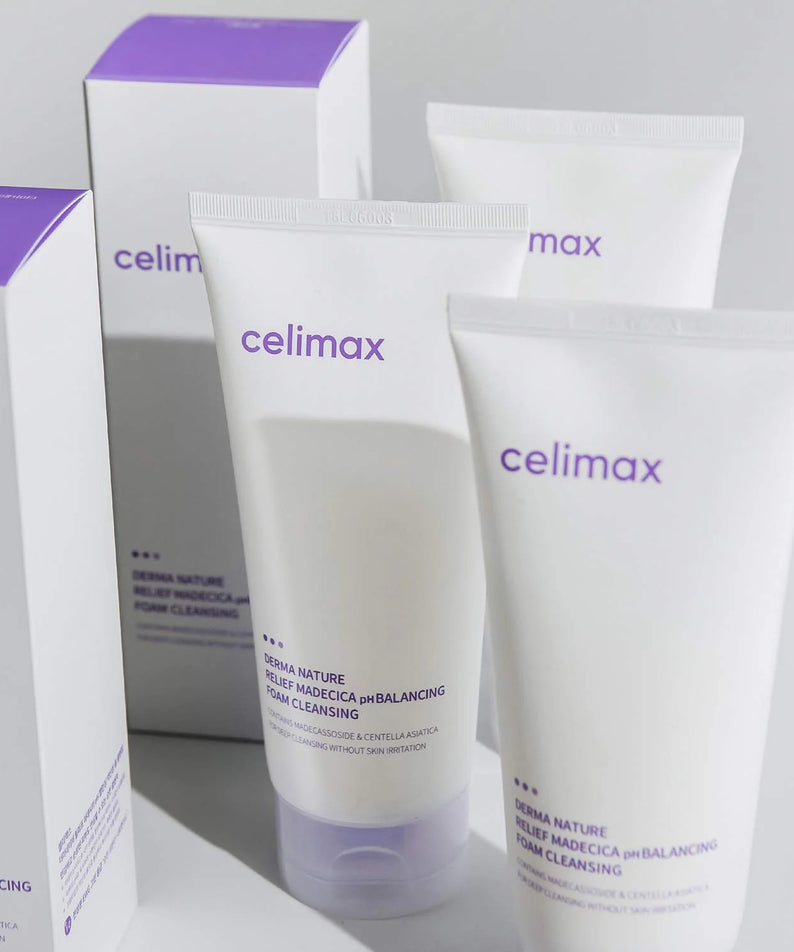 CELIMAX Derma Nature Relief Madecica pH Balancing Foam Cleansing 150ml, marque celimax, tubes/boîtes sur fond blanc (visuel produit)