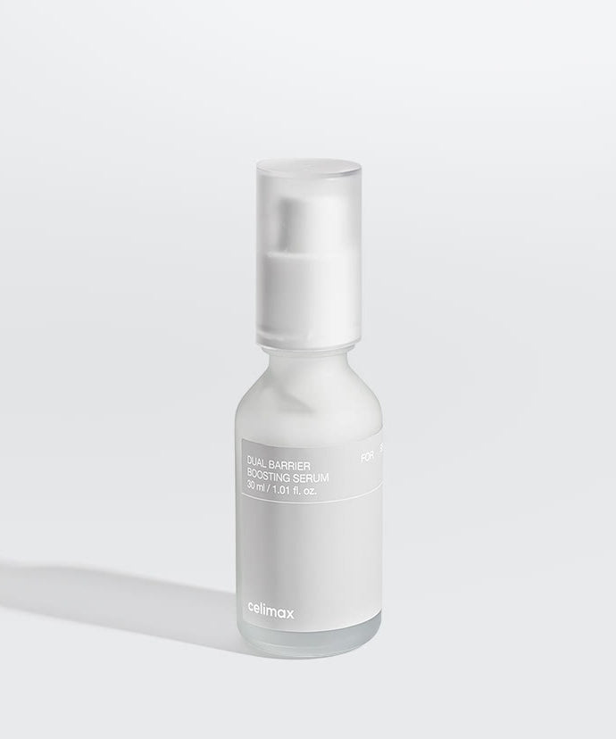 CELIMAX Dual Barrier Boosting Serum 30ml, flacon sérum blanc sur fond clair minimaliste, marque Celimax