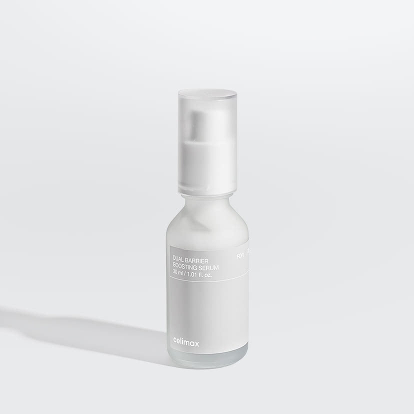 CELIMAX Dual Barrier Boosting Serum 30ml, flacon sérum blanc sur fond clair minimaliste, marque Celimax