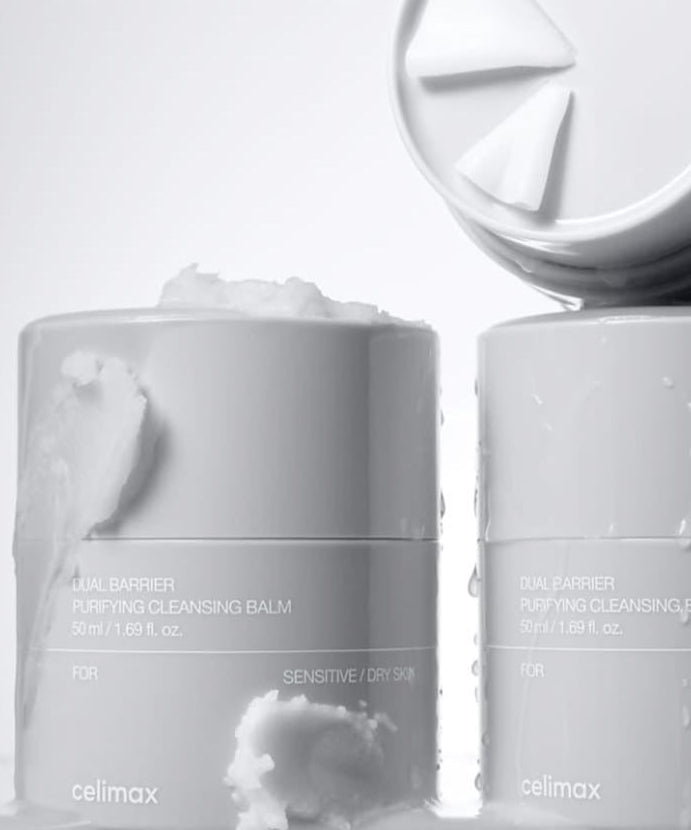 CELIMAX Dual Barrier Purifying Cleansing Balm 50ml : pots blancs, texture crème, ambiance spa, marque celimax, vue produit.