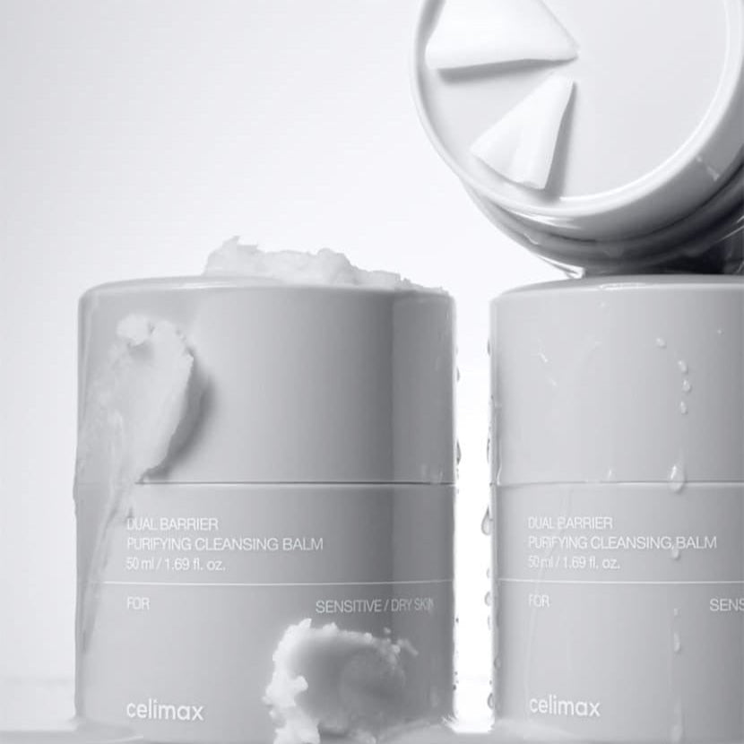 CELIMAX Dual Barrier Purifying Cleansing Balm 50ml : pots blancs, texture crème, ambiance spa, marque celimax, vue produit.