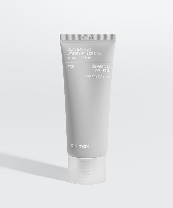 CELIMAX Dual Barrier Watery Sun Cream 40ml, tube crème solaire sur fond blanc (produit beauté, marque Celimax).