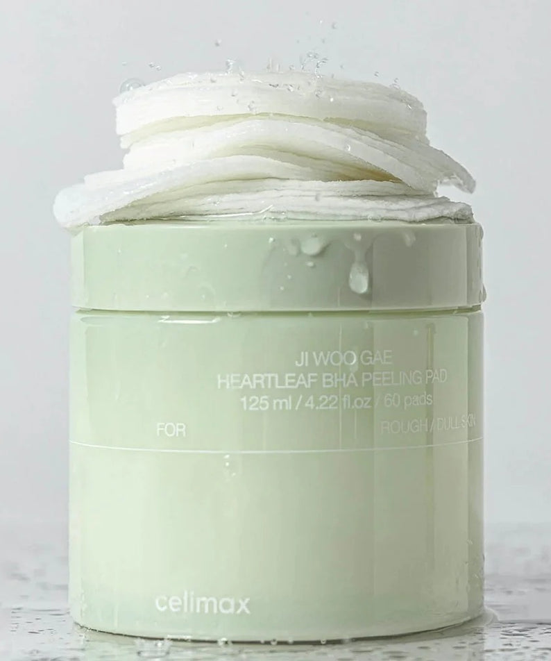 CELIMAX Ji Woo Gae Heartleaf BHA Peeling Pad 60 Pads de la marque CELIMAX, pot vert sur fond clair, produits skincare