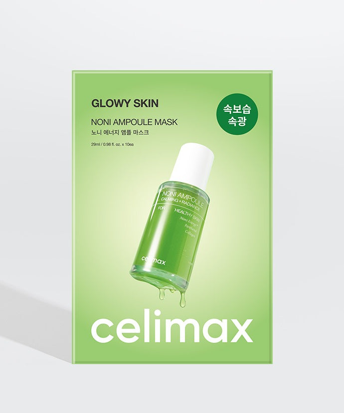 CELIMAX Noni Ampoule Mask 10 Sheets de la marque CELIMAX, boîte verte sur fond clair, flacon et feuille de masque