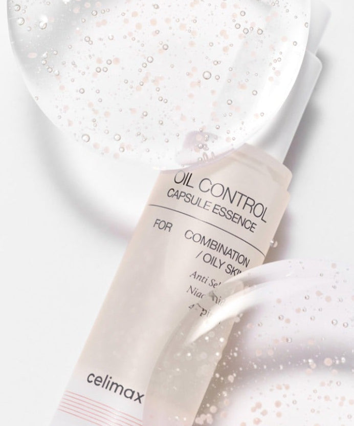 CELIMAX Oil Control Capsual Essence 30ml de la marque Celimax, sur fond blanc, flacon et capsule anti-brillance