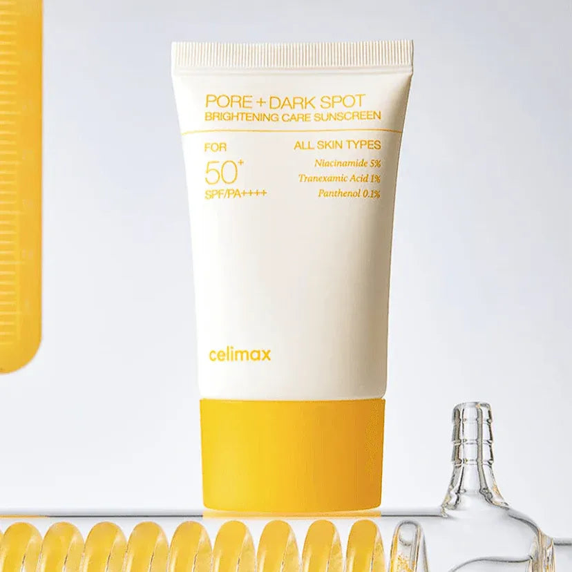 CELIMAX Pore Dark Spot Brightening Care Sunscreen 50ml sur fond clair, flacon et éléments jaunes—décrivez l’image en français.