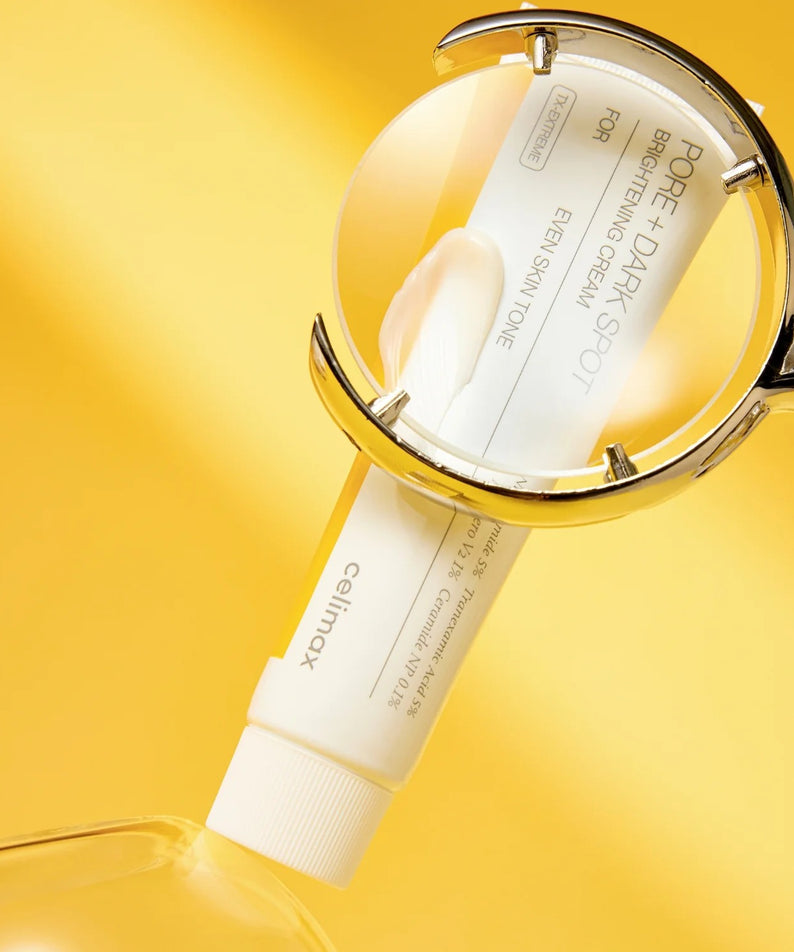 CELIMAX Pore Dark Spot Brightening Cream 35ml, flacon sur fond jaune ensoleillé, mise en scène beauté marque CELIMAX.