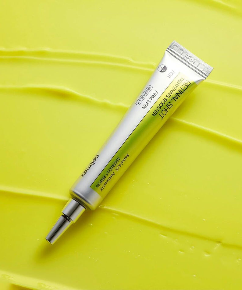 CELIMAX Retinol Shot Tightening Booster 15ml, tube de soin marqué sur fond jaune lime, rendu produit en studio.