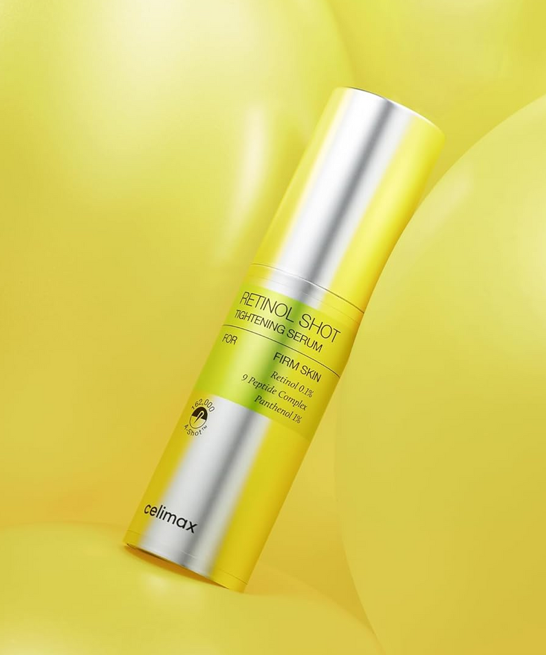 CELIMAX Retinol Shot Tightening Serum 30ml : flacon jaune argent sur fond jaune, marque CELIMAX, contexte cosmétique