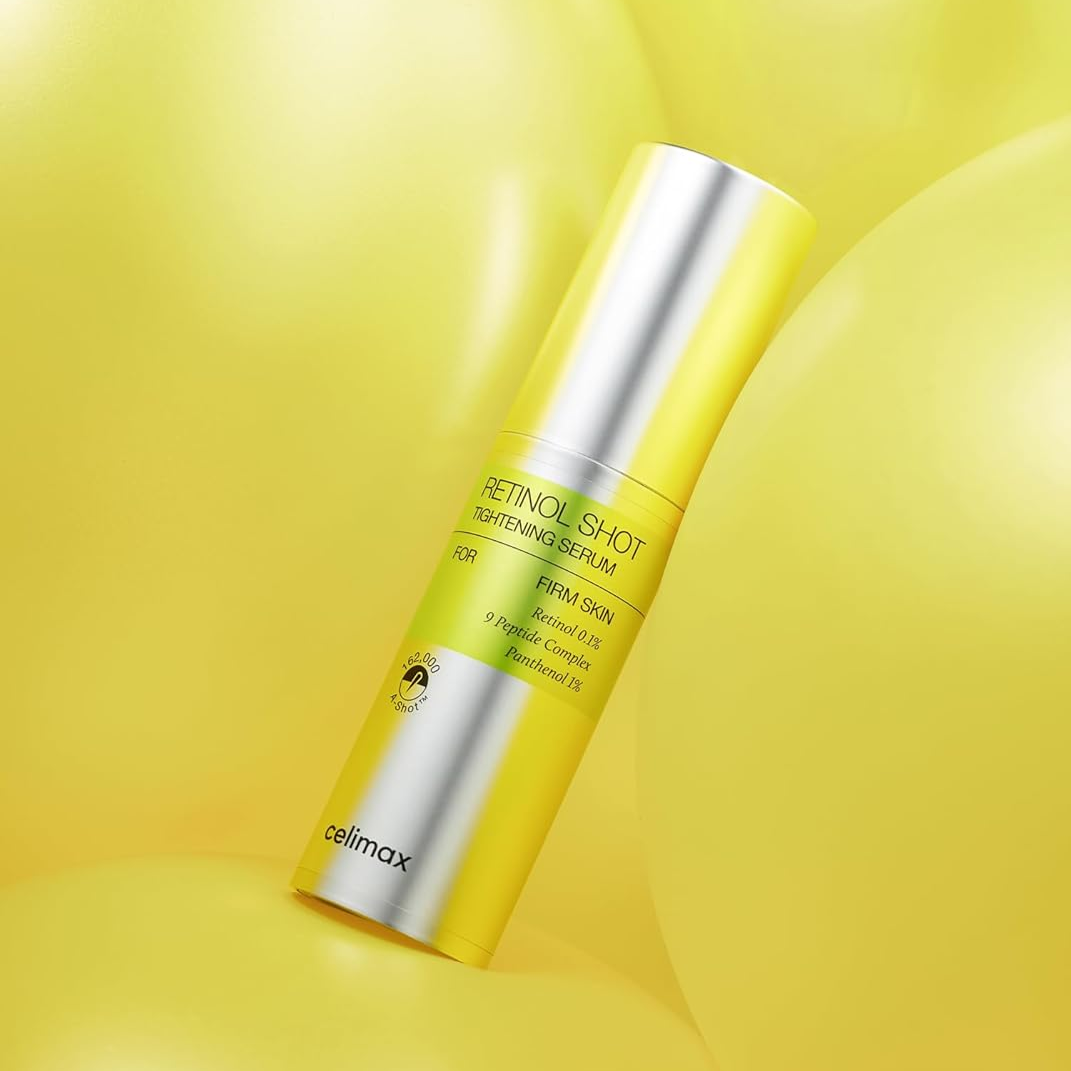 CELIMAX Retinol Shot Tightening Serum 30ml : flacon jaune argent sur fond jaune, marque CELIMAX, contexte cosmétique