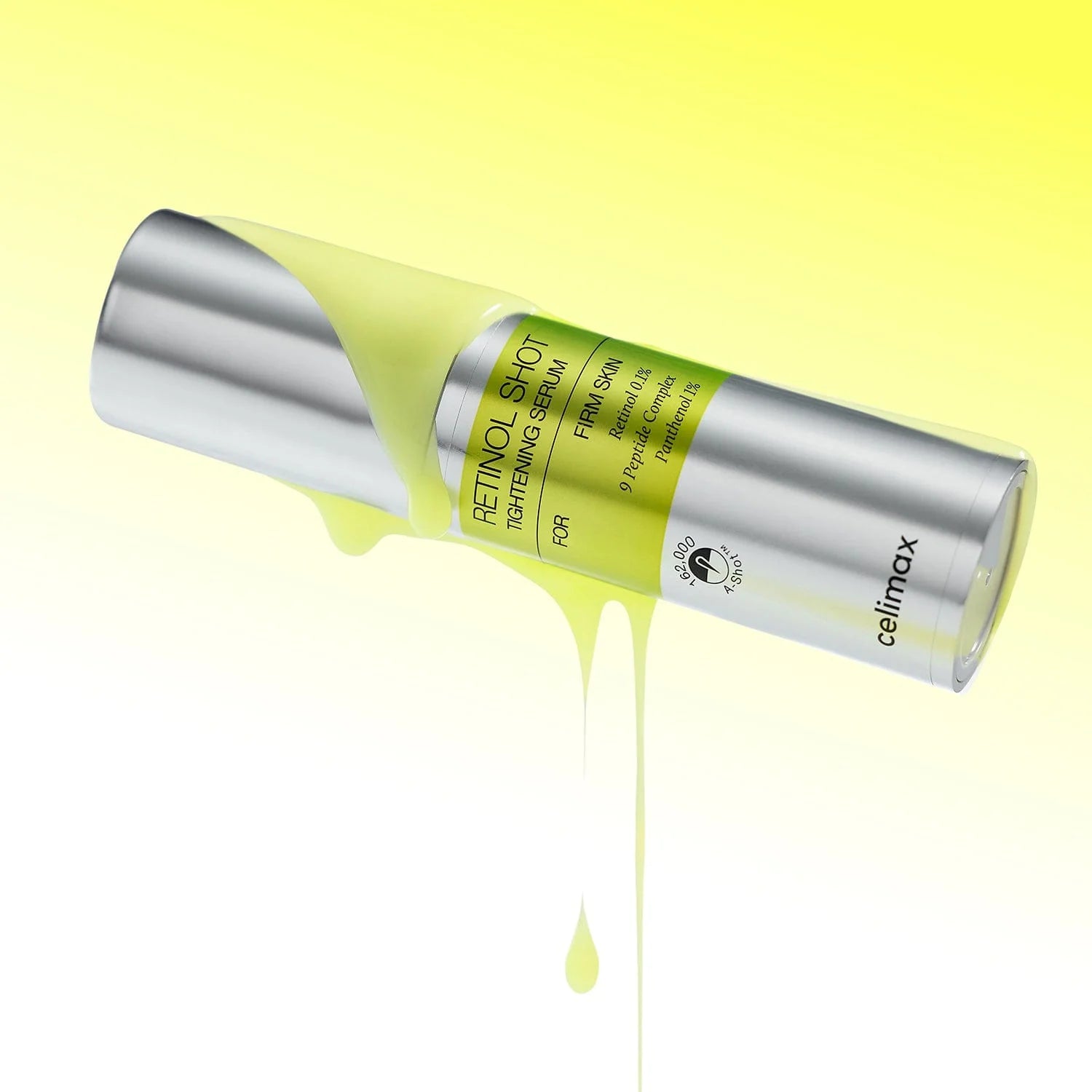 CELIMAX Retinol Shot Tightening Serum 30ml de la marque CELIMAX, flacon sur fond jaune avec gouttes de sérum