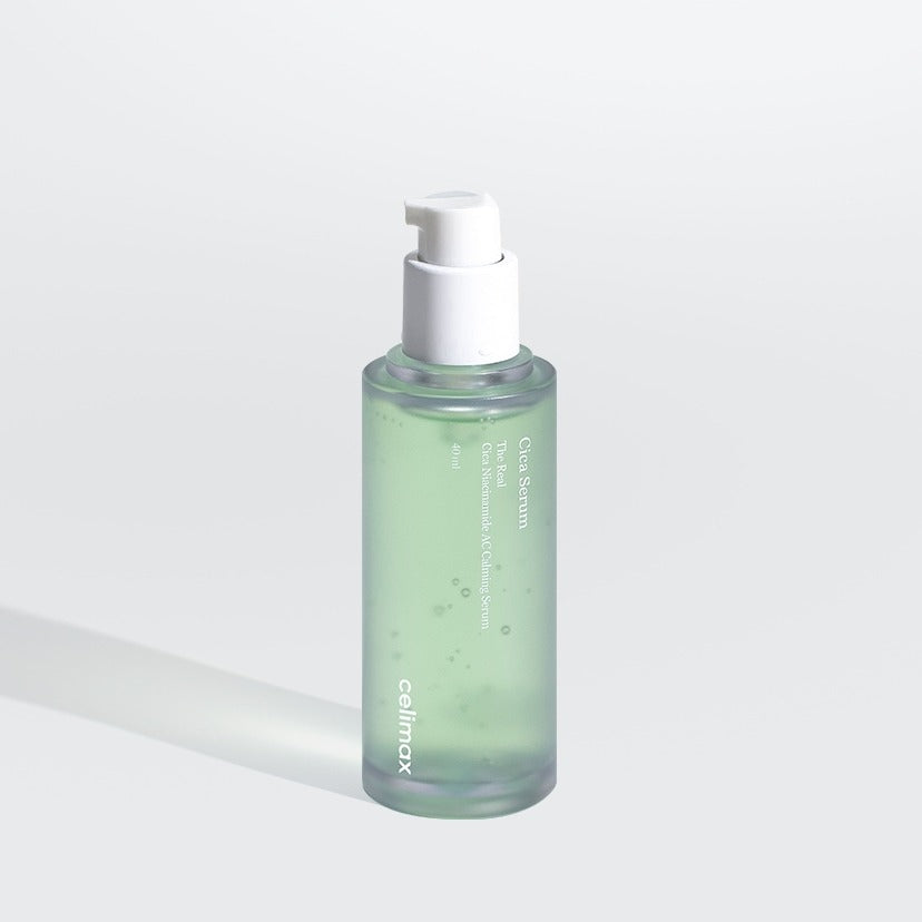 CELIMAX The Real Cica Nicinamide AC Calming Seru 40ml, flacon sérum vert sur fond blanc, marque produit beauté soin visage