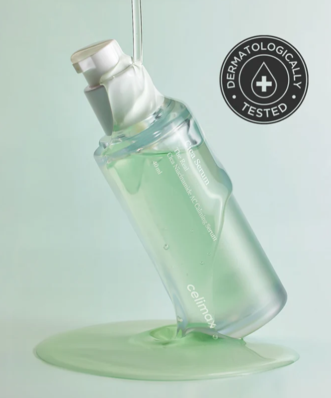 CELIMAX The Real Cica Nicinamide AC Calming Seru 40ml, marque CELIMAX sur flacon, sérum apaisant, fond pastel vert.