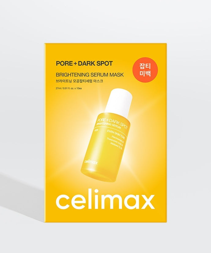 Emballage du CELIMAX Brightening Pore Blemish Serum Mask 10 sheets sur fond blanc. Produit pour éclaircir et minimiser les pores.