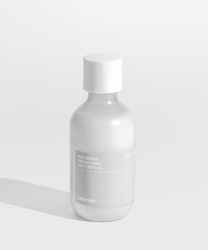 CELIMAX Dual Barrier Creamy Toner 150ml en bouteille blanche élégante, idéale pour soins de la peau.
