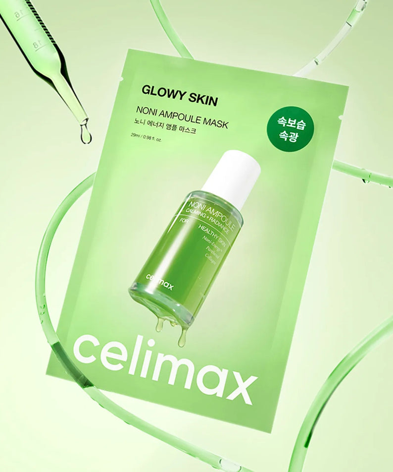 CELIMAX Noni Ampoule Mask 10 Sheets en sachet vert, soin hydratant pour la peau éclatante, présenté sur fond vert.