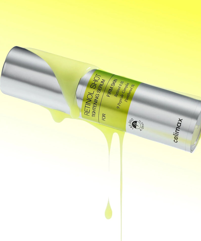 Flacon de 30ml du CELIMAX Retinol Shot Tightening Serum avec capuchon argenté, sur fond jaune lumineux, soin du visage raffermissant.