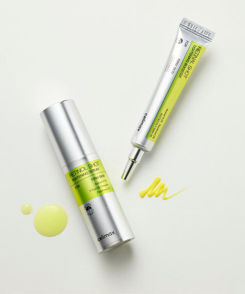 Flacons de sérum CELIMAX Retinol Shot Tightening Serum 30ml sur fond blanc, montrant texture et design du produit