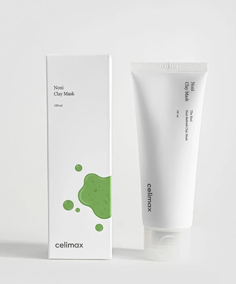 CELIMAX The Real Noni Refresh Clay Mask 120g en tube et boîte sur fond blanc.