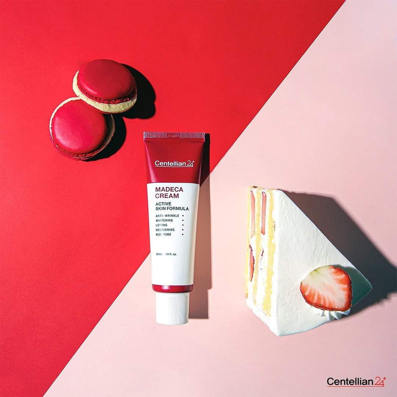 CENTELLIAN 24 Madeca Cream Active Skin Formula 50ml : crème pour le visage de marque Centellian 24 sur fond rouge/pastel, visuel produit
