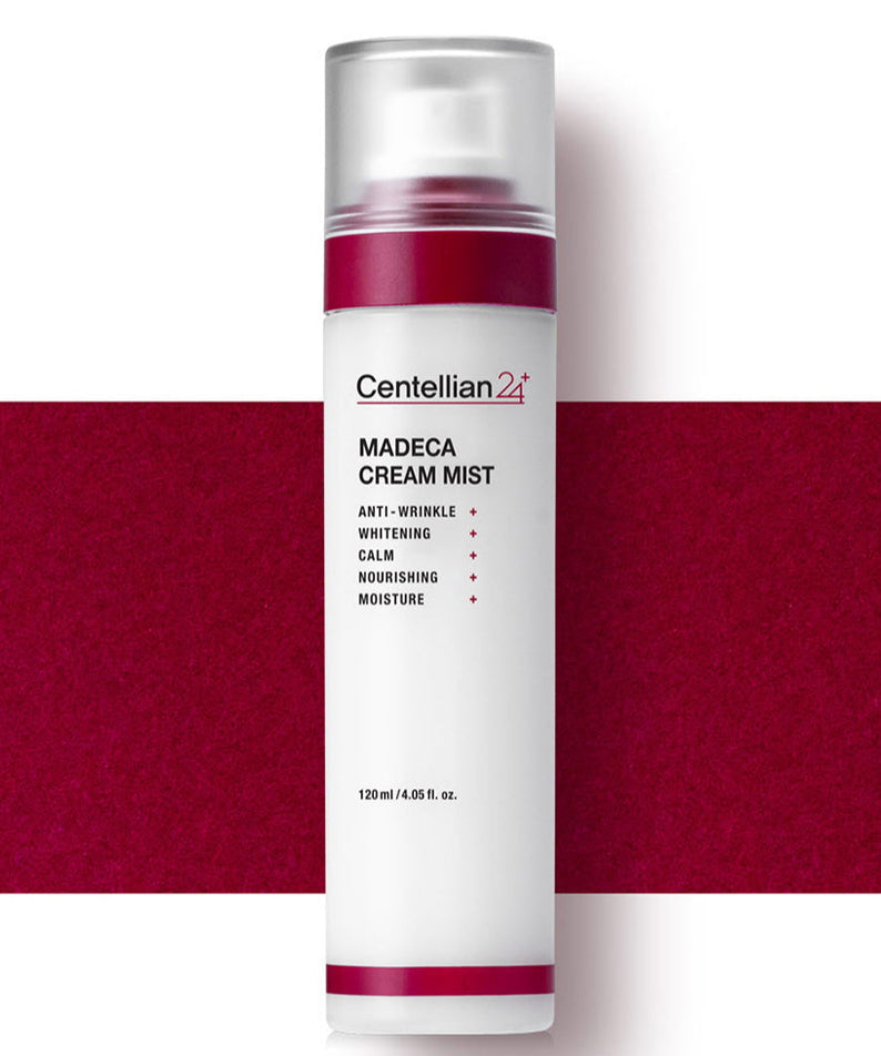CENTELLIAN 24 Madeca Cream Mist 120ml, flacon blanc sur fond bordeaux, marque Centellian24 visible (produit beauté)