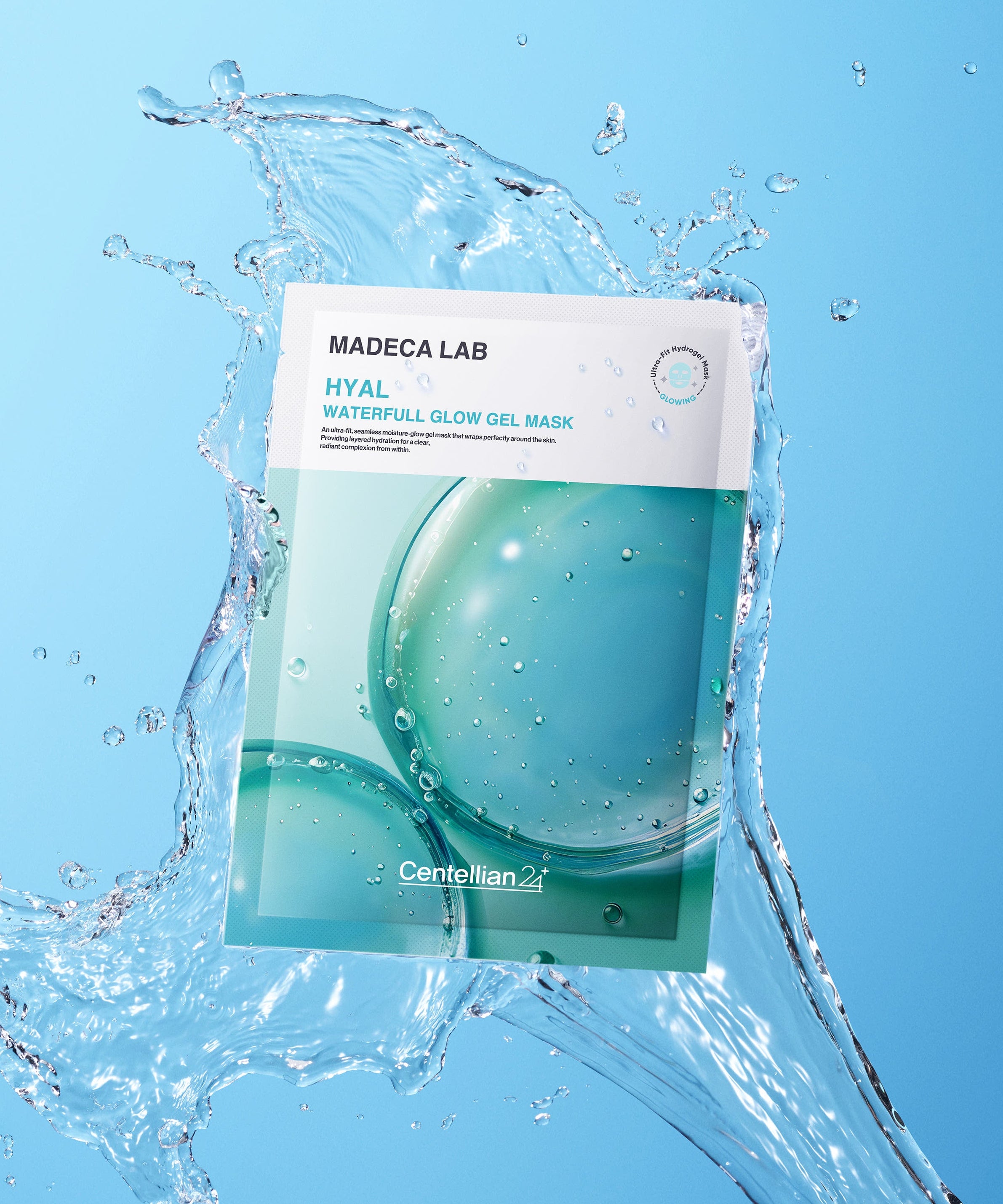 CENTELLIAN 24 Madeca Lab Gel Mask 22ml x 1 sheet, masque gel HYAL en poche sur fond bleu avec éclaboussures d’eau