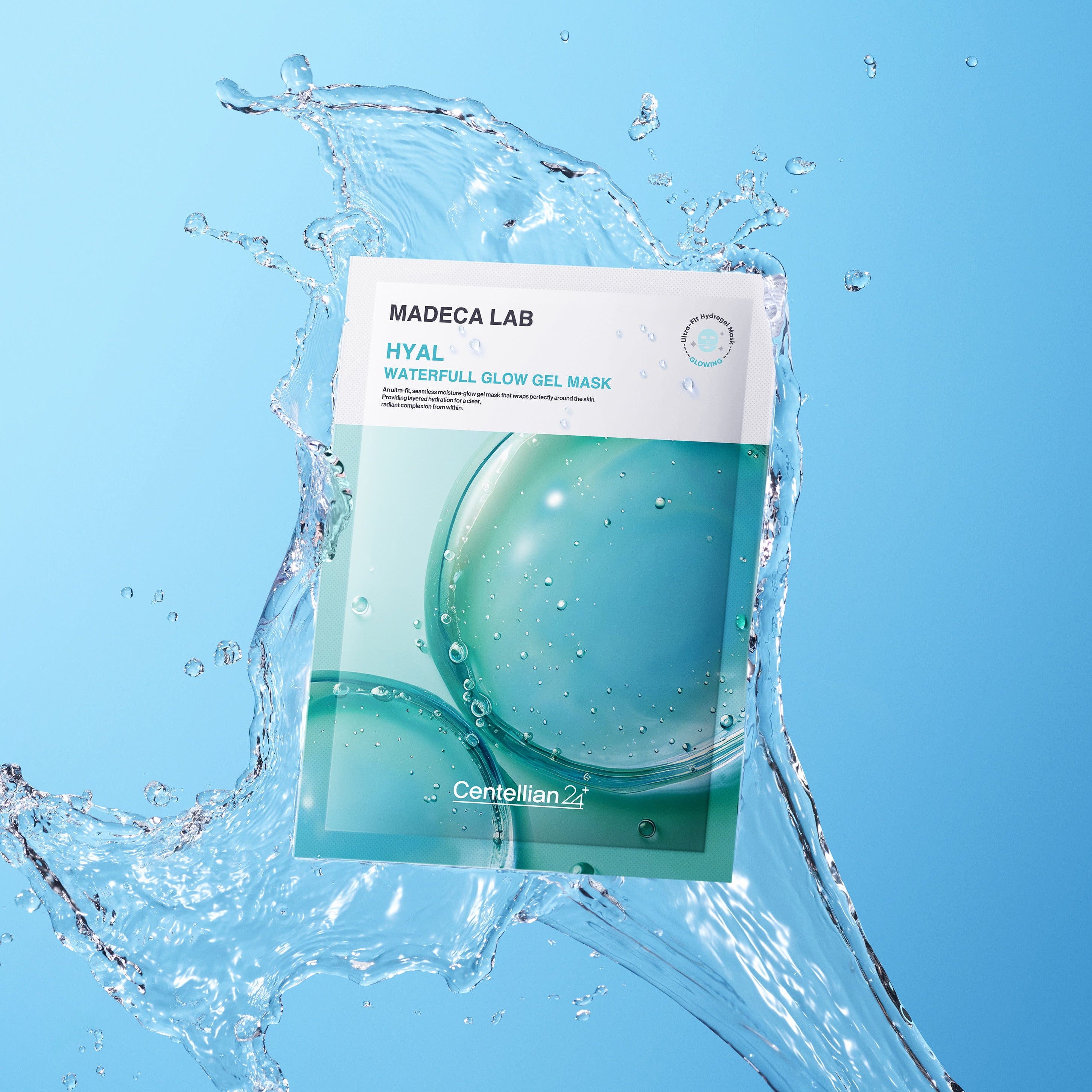 CENTELLIAN 24 Madeca Lab Gel Mask 22ml x 1 sheet, masque gel HYAL en poche sur fond bleu avec éclaboussures d’eau