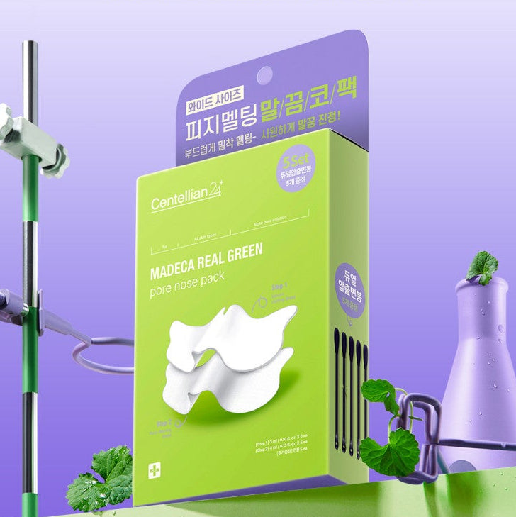 CENTELLIAN 24 Madeca Real Green Pore Nose Pack (5 sheets), pack vert sur fond violet, marque Centellian 24, feuilles