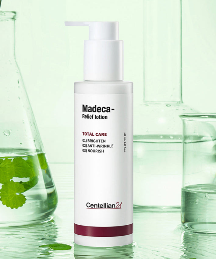 CENTELLIAN 24 Madeca Relief Lotion 150ml, lotion apaisante pour soins anti-rides et hydratation, devant flacon de laboratoire.