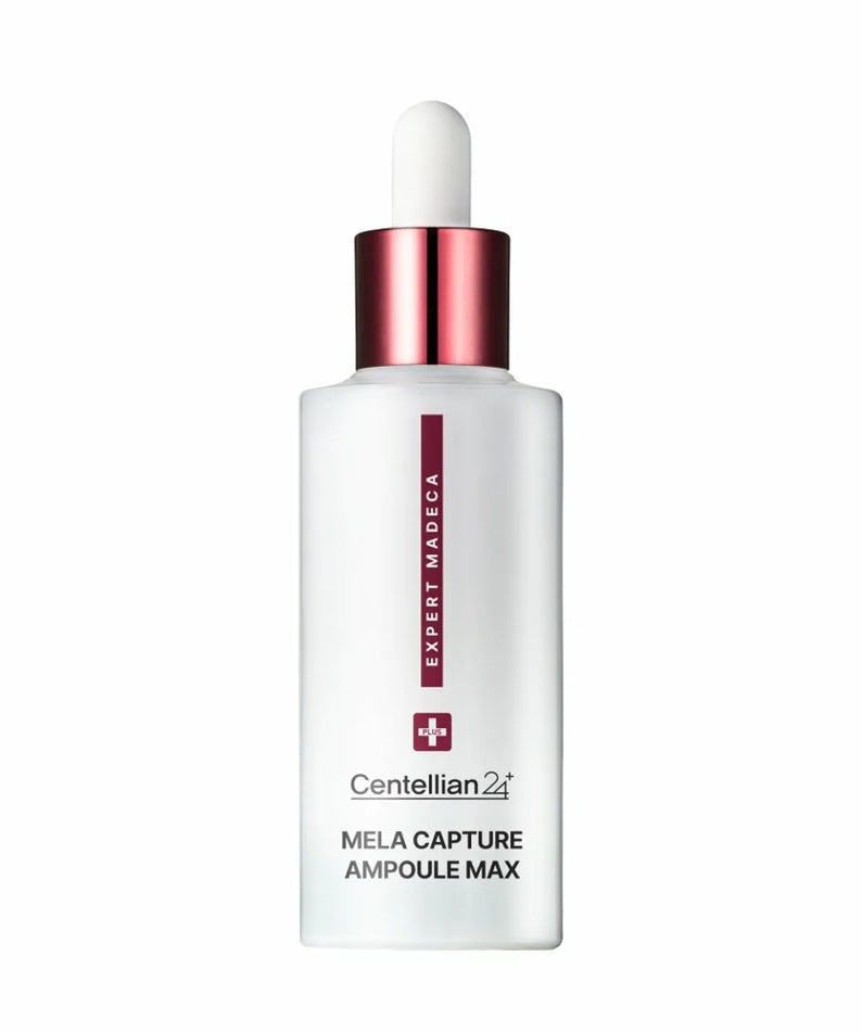 Flacon de CENTELLIAN 24 Melacapture Ampoule Max 45ml pour soins de la peau, design élégant avec bouchon rose et étiquette distinctive.
