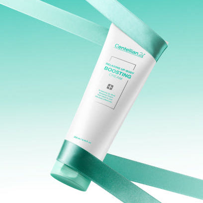 CENTELLIAN 24 Relaxing Up Body Boosting Cream 250ml, tube blanc et vert sur fond turquoise, produit marque Centellian24