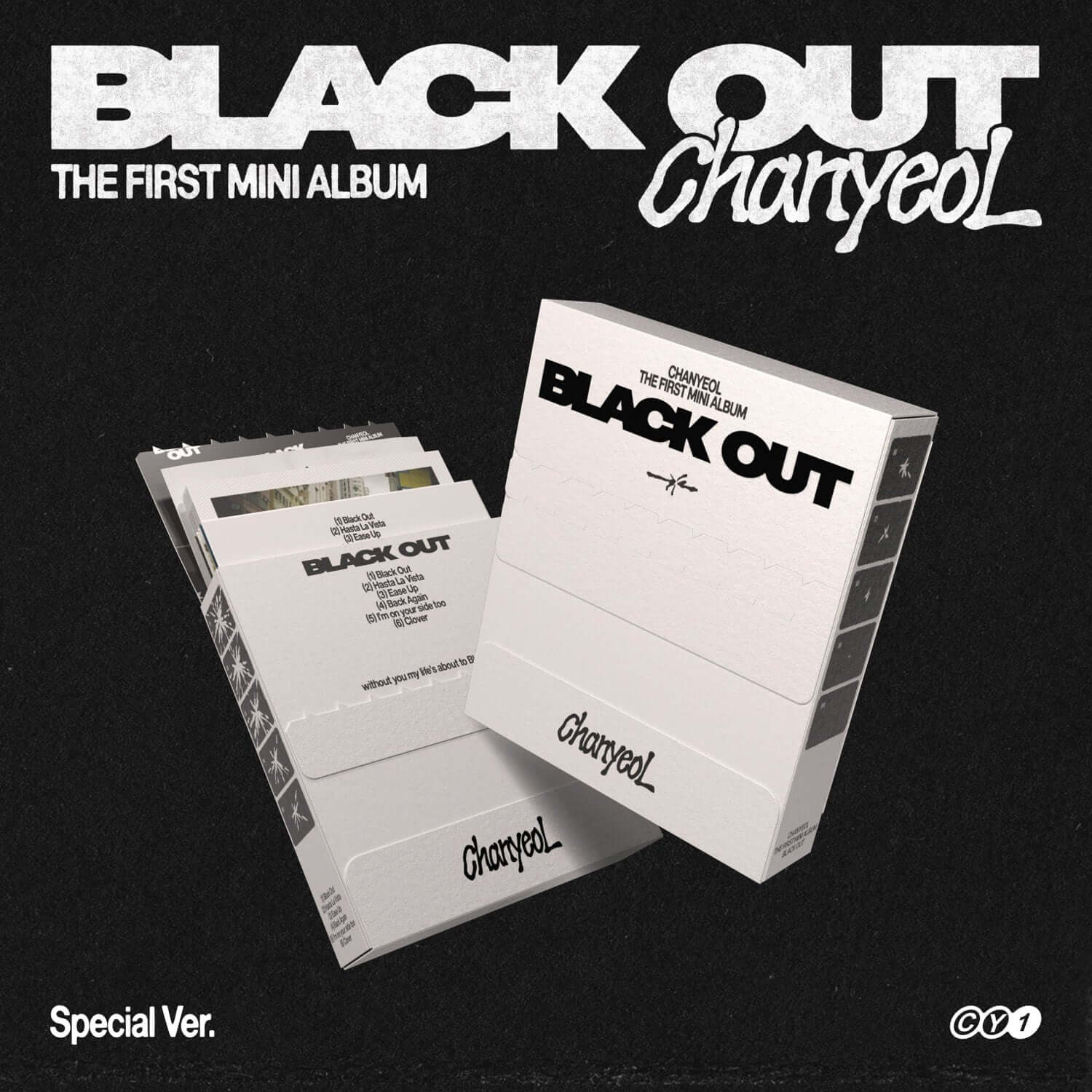 CHANYEOL - 1st Album [Black Out] (Special Ver.) - Album Kpop, visuel packaging noir et blanc sur fond sombre.