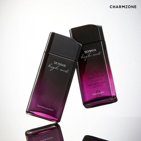 CHARMZONE  Skyman High-End Homme Emulsion 130ml, flacons noir&violet sur fond clair, produits de soin homme.