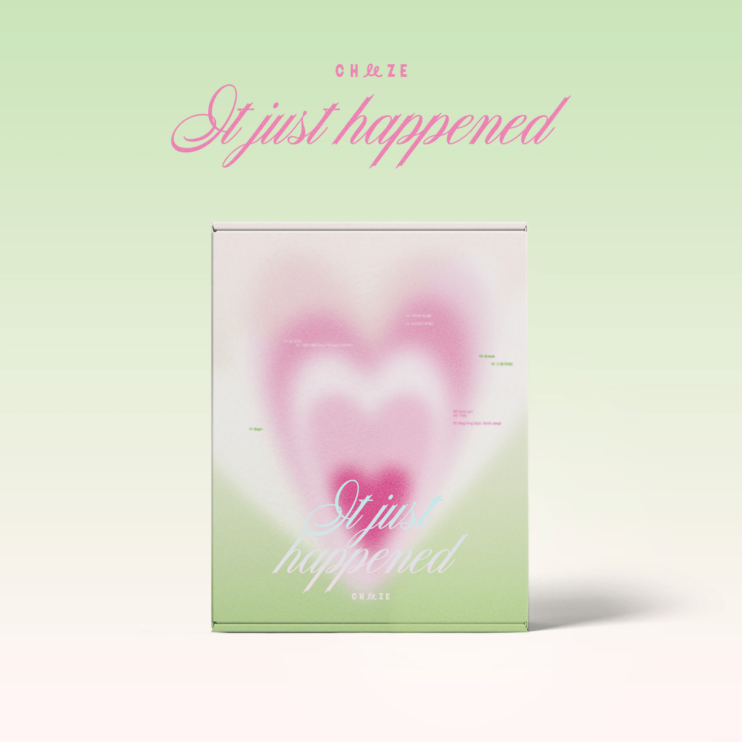 CHEEZE - [It just happened] - Album Kpop : pochette rose cœur flouté sur fond vert, style pop coréen.