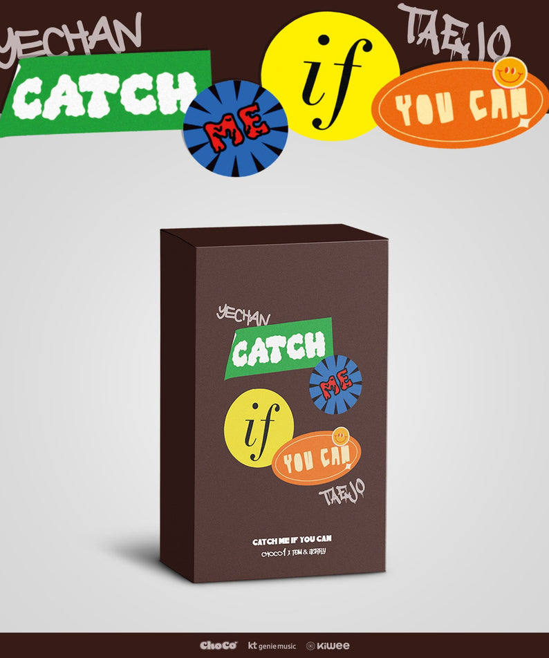 CHOCO1 - CATCH ME IF YOU CAN (ChoCo1 X Tom & Jerry) - Album Kpop : jaquette marron YECHAN, cercles colorés, déco Catch