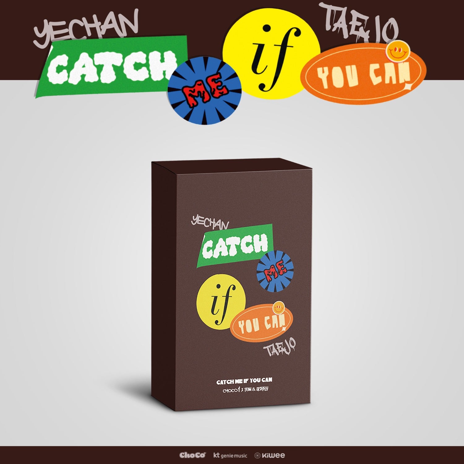 CHOCO1 - CATCH ME IF YOU CAN (ChoCo1 X Tom & Jerry) - Album Kpop : jaquette marron YECHAN, cercles colorés, déco Catch