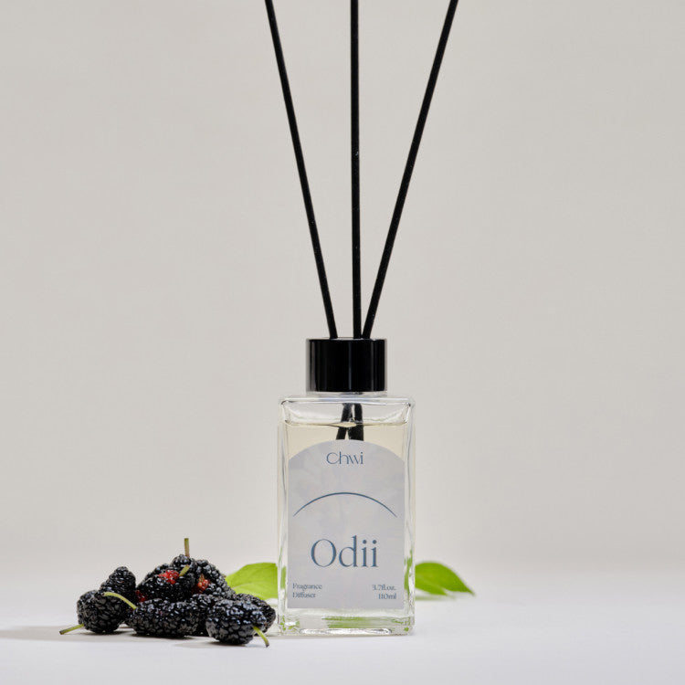 CHWI (CHI) Odii Diffuser 100ml en flacon transparent avec tiges noires, marque CHI et mûres sur fond clair.