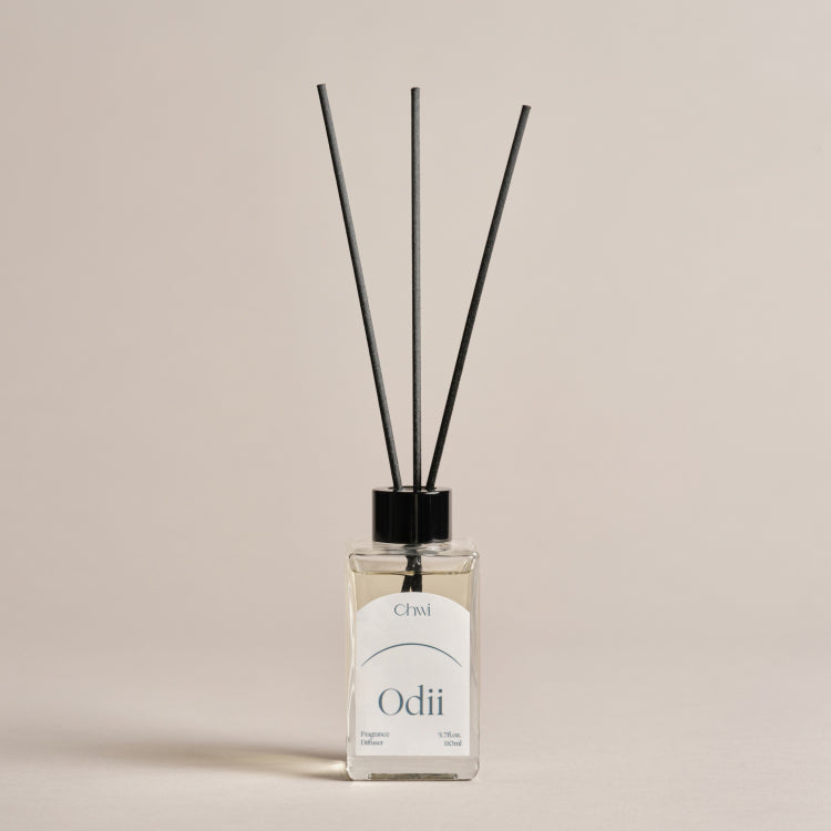 CHWI (CHI) Odii Diffuser 100ml, bouteille verre avec bâtonnets sur fond clair, marque CHWI, style minimaliste