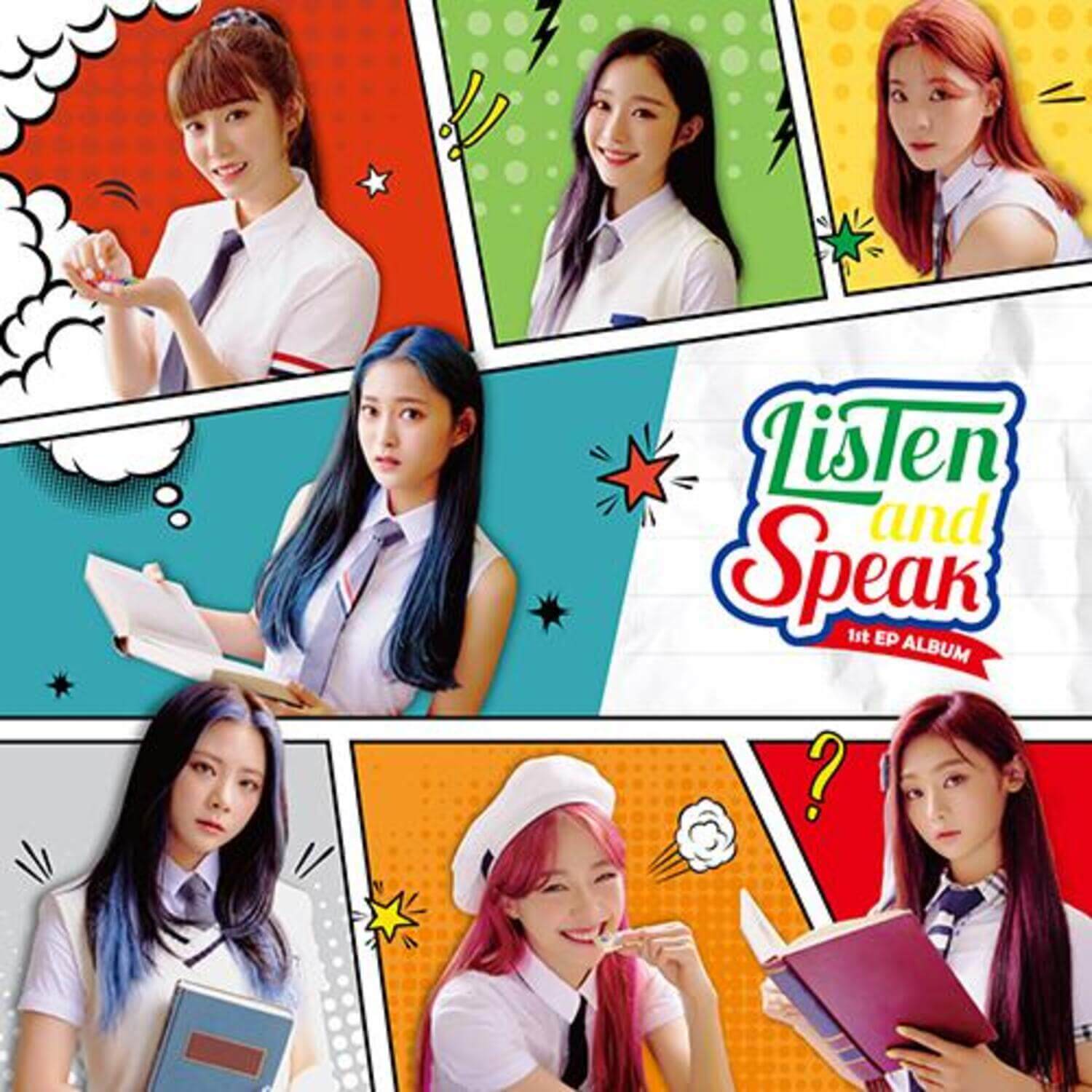 CIGNATURE - 1st EP ALBUM [Listen and Speak] - Album Kpop : visuel collage avec membres, couleurs vives, écoutez et parlez