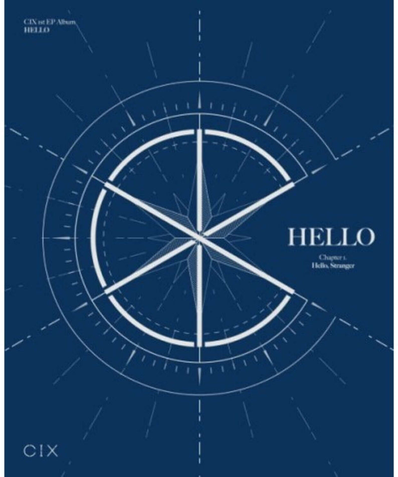 CIX - 1st Album [HELLO Chapter 1. Hello, Stranger] Stranger Ver. - Album Kpop : pochette bleue avec compas et texte HELLO.