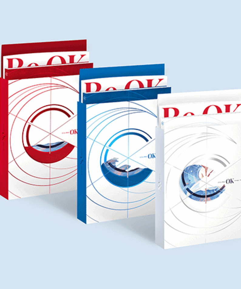 CIX - 1st Album 'OK' Prologue : [Be OK] (SET Ver.) - Album Kpop, set de pochettes rouge, bleu et blanc sur fond bleu.