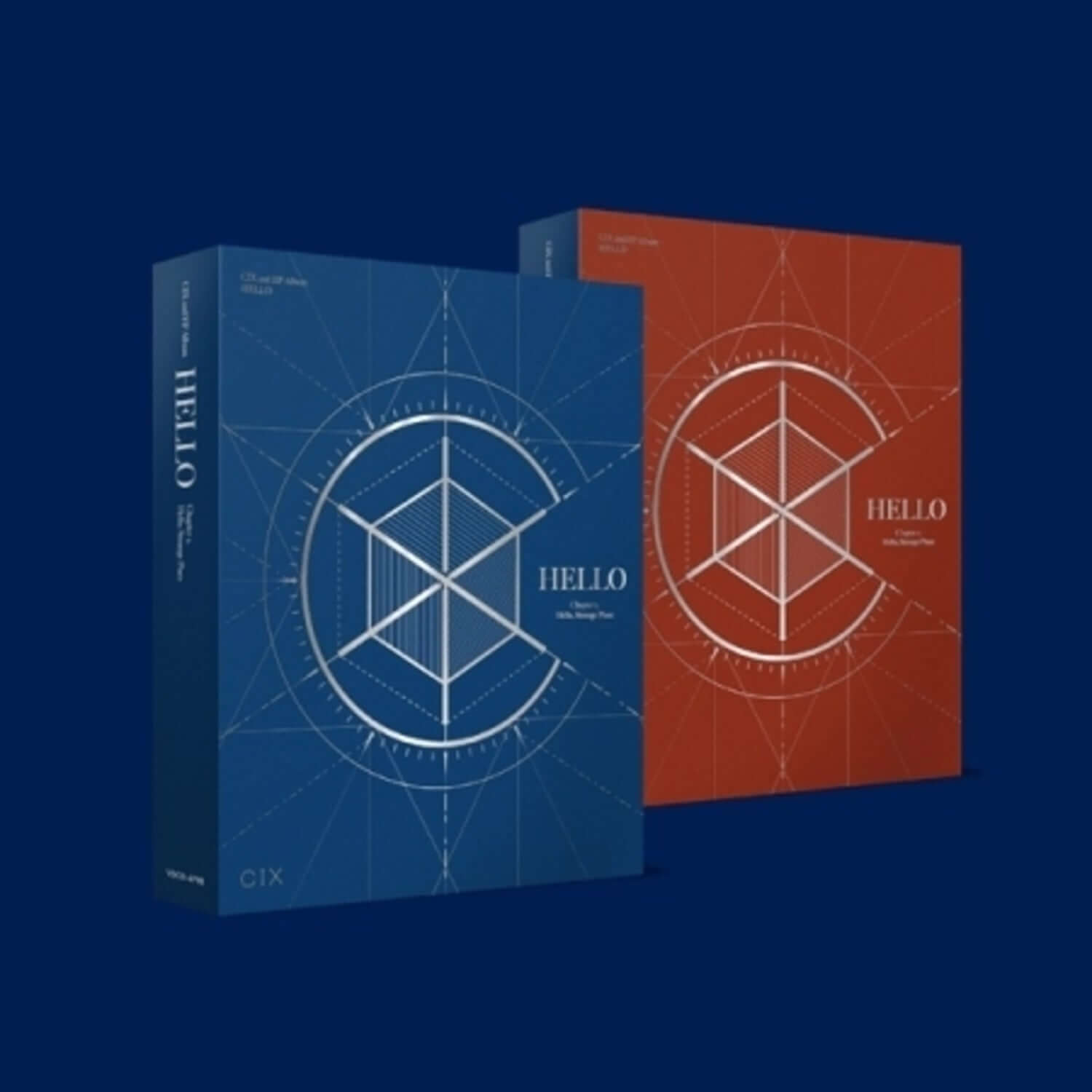 CIX - HELLO CHAPTER 2. [HELLO, STRANGE PLACE] (2ND EP) - Album Kpop, boîtiers bleus et rouges sur fond bleu, CIX
