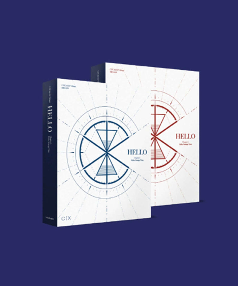 CIX - [‘HELLO’ Chapter 3. Hello, Strange Time] - Album Kpop, visuel couverture blanche et bleue avec schémas, sur fond bleu