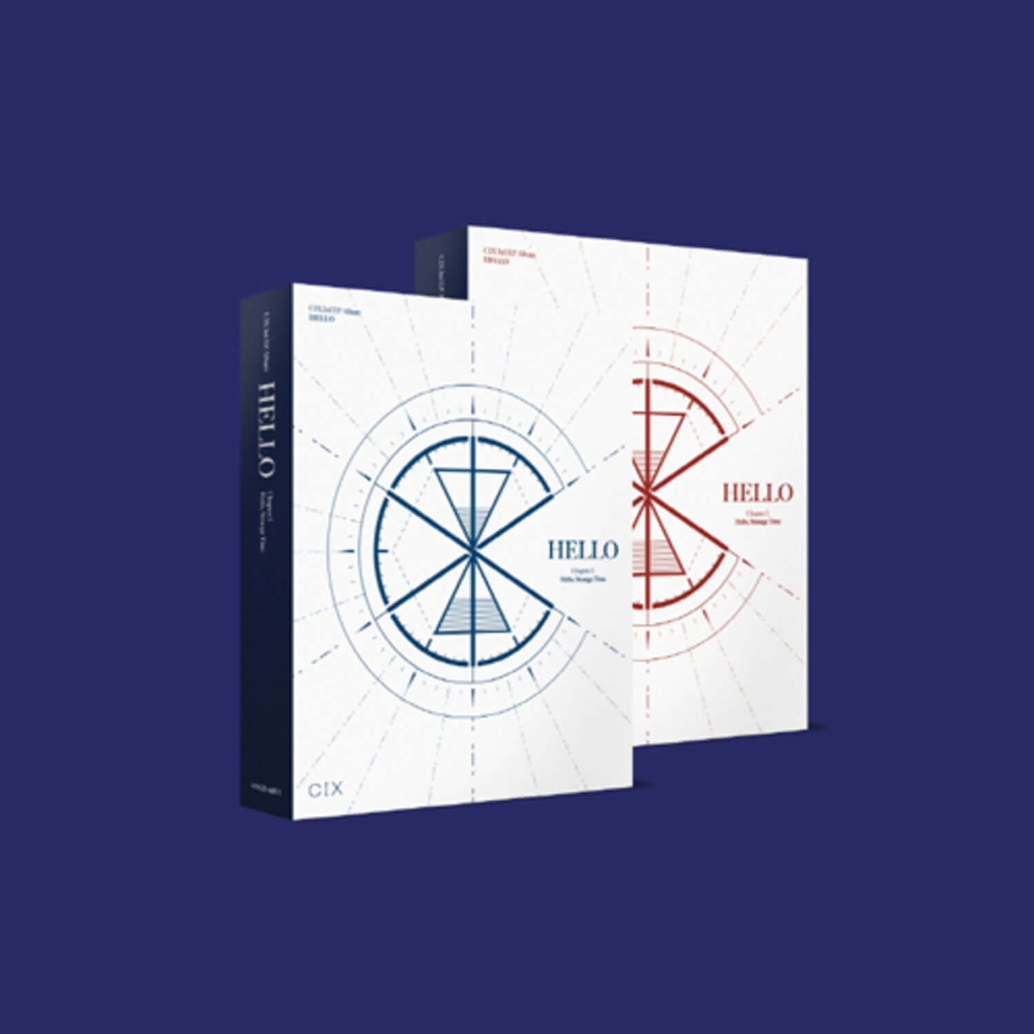 CIX - [‘HELLO’ Chapter 3. Hello, Strange Time] - Album Kpop, visuel couverture blanche et bleue avec schémas, sur fond bleu