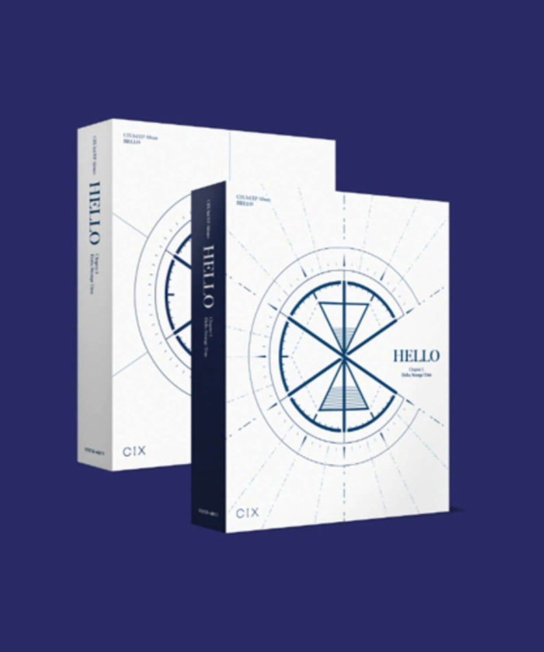CIX - [‘HELLO’ Chapter 3. Hello, Strange Time] (HELLO VER.) - Album Kpop : jaquettes blanches et bleues sur fond violet.