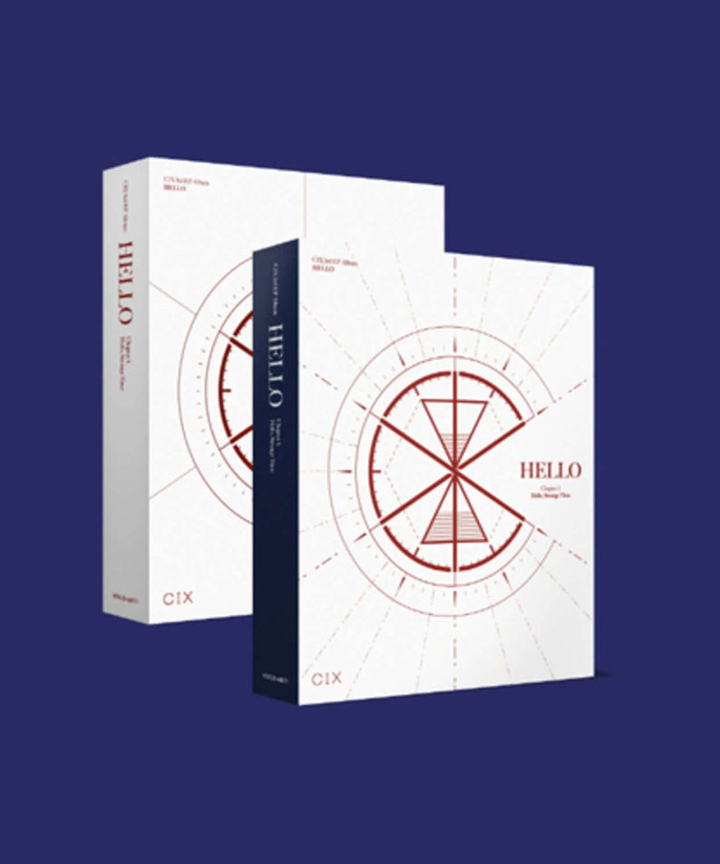 CIX - [‘HELLO’ Chapter 3. Hello, Strange Time] (STRANGE TIME VER.) - Album Kpop, boîtiers sur fond bleu, design graphique.