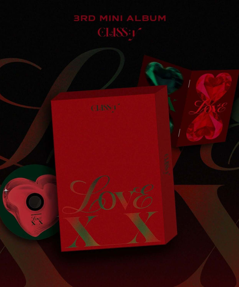 CLASS:Y - [LOVE XX] - Album Kpop CLASS:Y sur fond sombre, sac rouge Love et visuels graphiques, ambiance pop romantique.